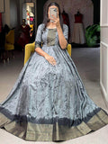 Glamorous Grey Shibori Print Silk Readymade Festival Wear Gown - Zeel Clothing