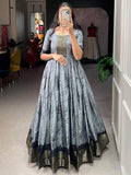 Glamorous Grey Shibori Print Silk Readymade Festival Wear Gown - Zeel Clothing