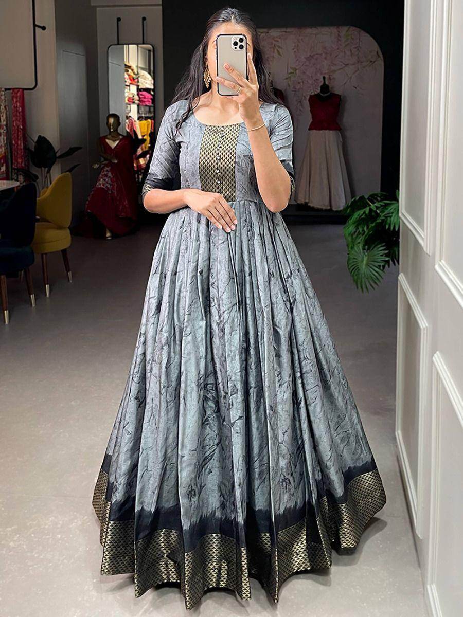 Glamorous Grey Shibori Print Silk Readymade Festival Wear Gown - Zeel Clothing