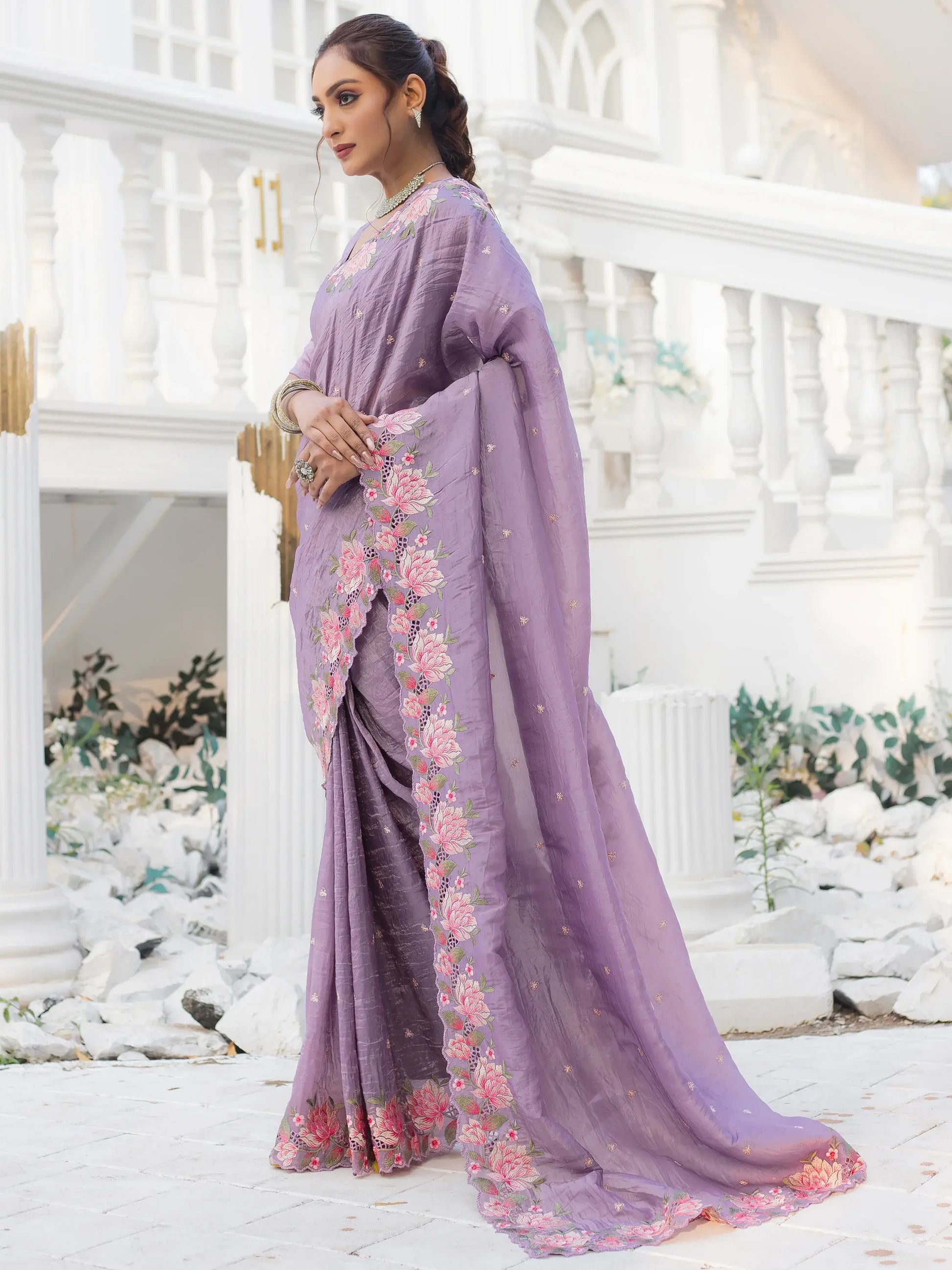Glamorous Lavender Embroidered Silk Festive Wear Saree - Zeel Clothing