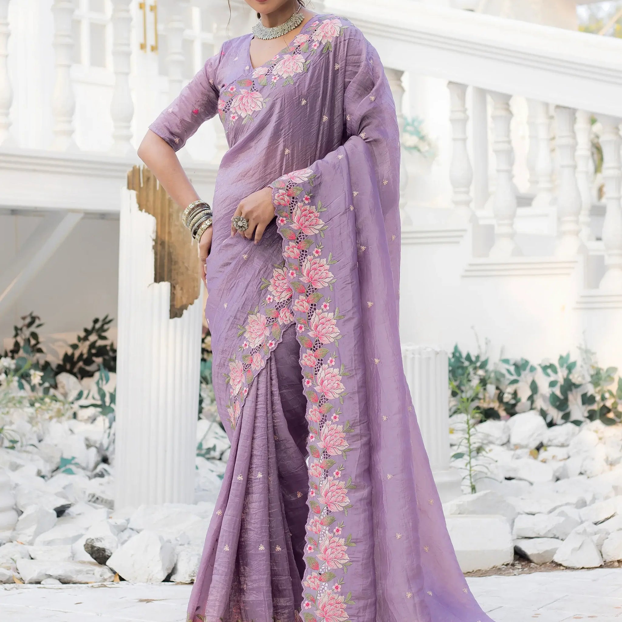 Glamorous Lavender Embroidered Silk Festive Wear Saree - Zeel Clothing