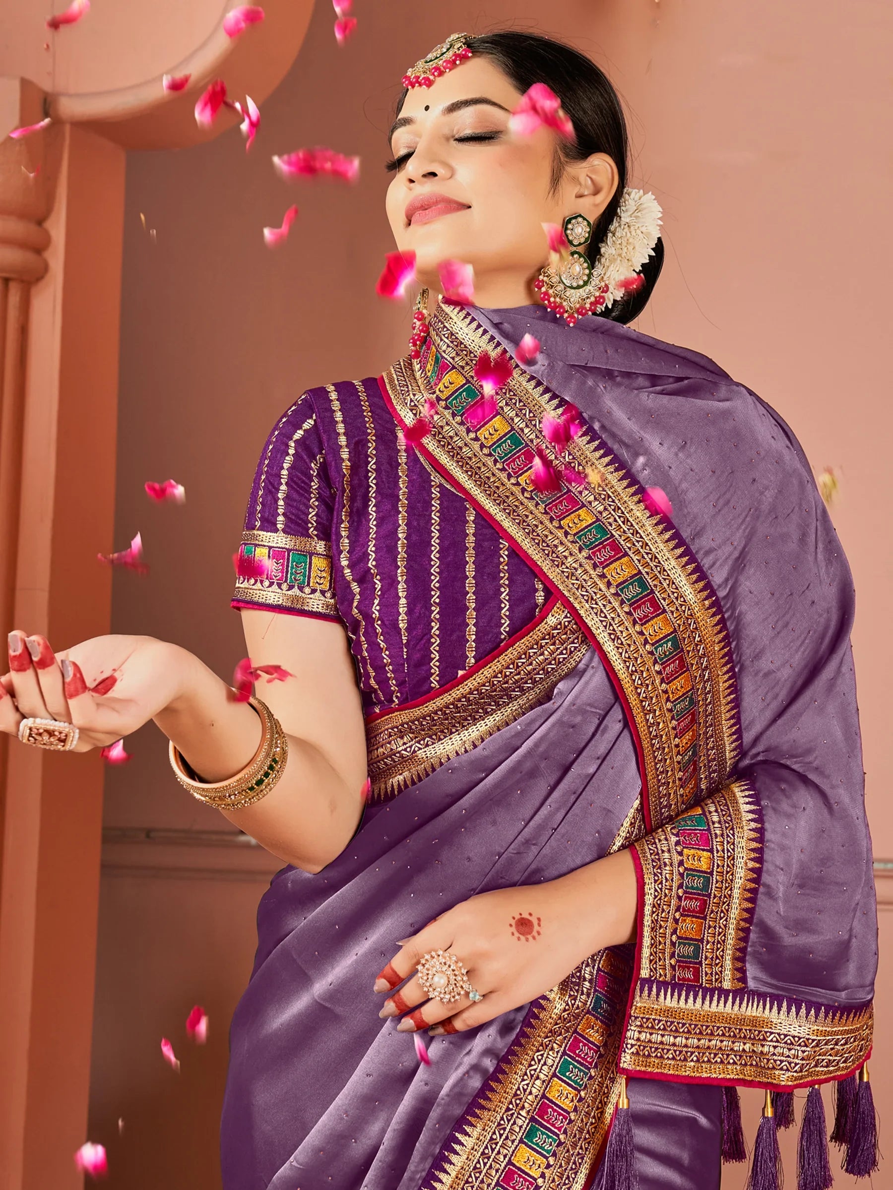 Glamorous Lavender Swarovski Work Silk Festive Wear Saree With Blouse - Zeel Clothing