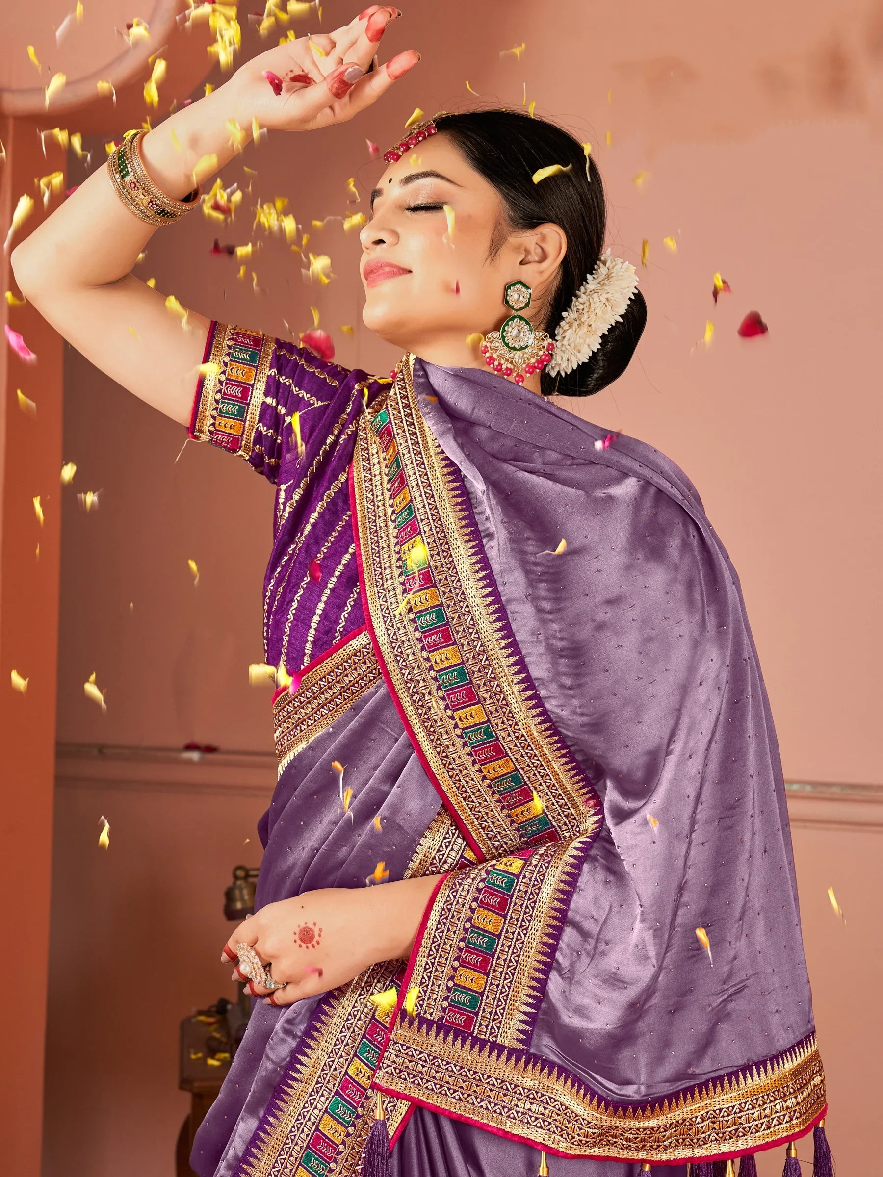 Glamorous Lavender Swarovski Work Silk Festive Wear Saree With Blouse - Zeel Clothing