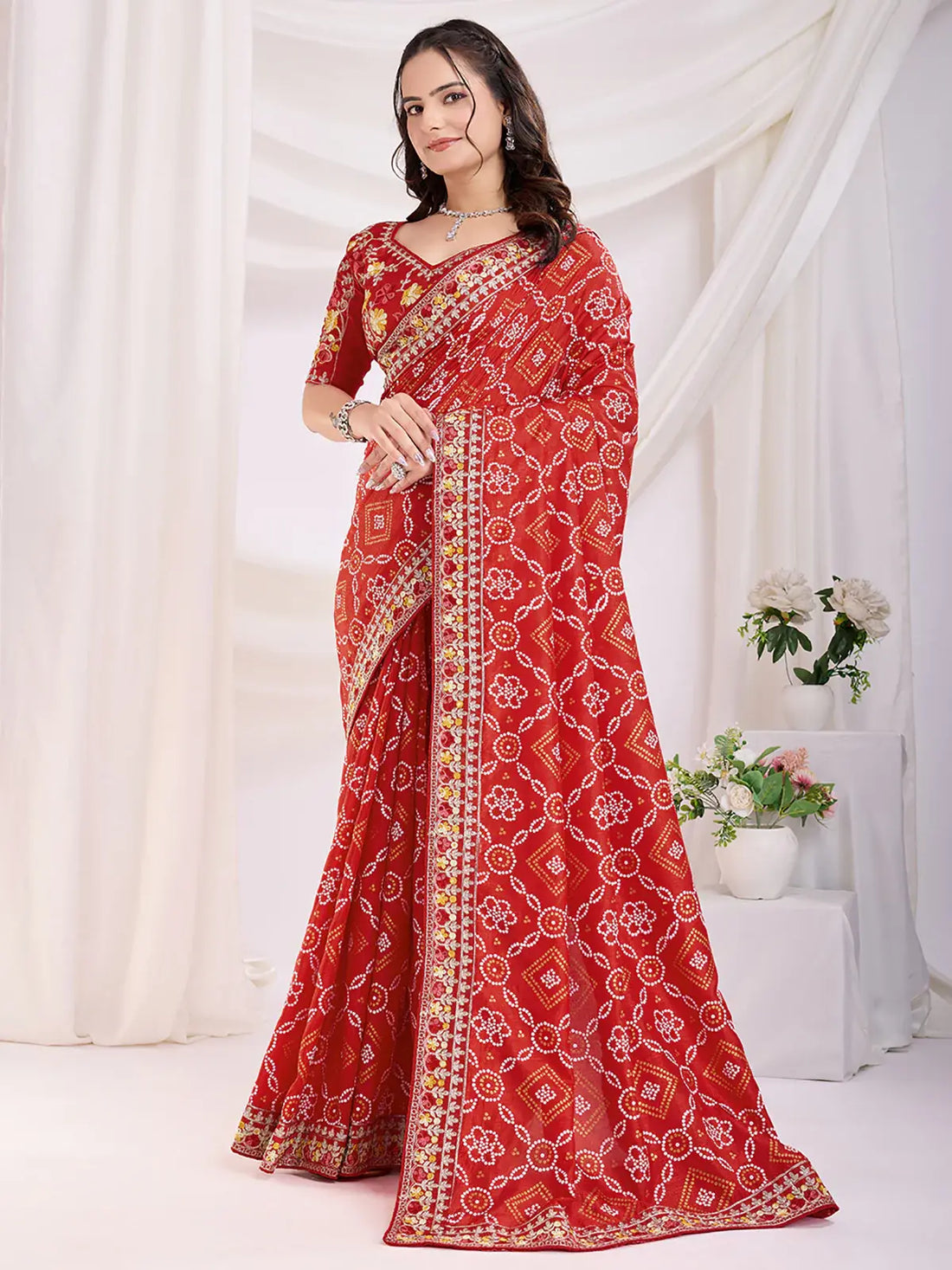 Glamorous Maroon Bandhani Printed Silk Bridal Saree - Zeel Clothing