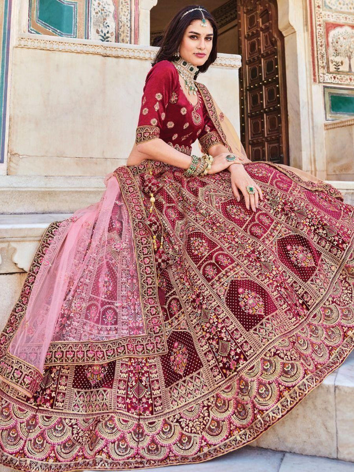 Glamorous Maroon Embroidered Work Velvet Bridal Wear Lehenga Choli