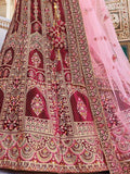 Glamorous Maroon Embroidered Work Velvet Bridal Wear Lehenga Choli - Zeel Clothing