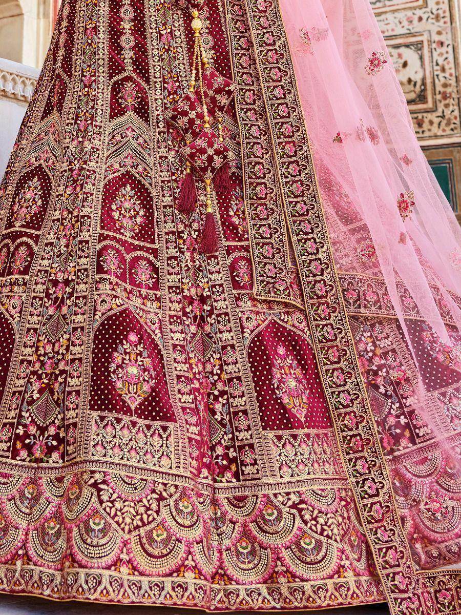 Glamorous Maroon Embroidered Work Velvet Bridal Wear Lehenga Choli - Zeel Clothing