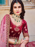 Glamorous Maroon Embroidered Work Velvet Bridal Wear Lehenga Choli - Zeel Clothing
