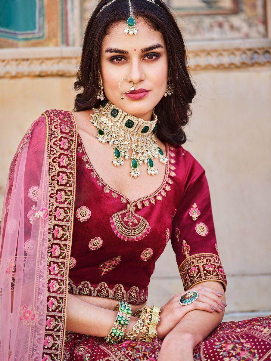 Glamorous Maroon Embroidered Work Velvet Bridal Wear Lehenga Choli - Zeel Clothing