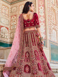 Glamorous Maroon Embroidered Work Velvet Bridal Wear Lehenga Choli - Zeel Clothing