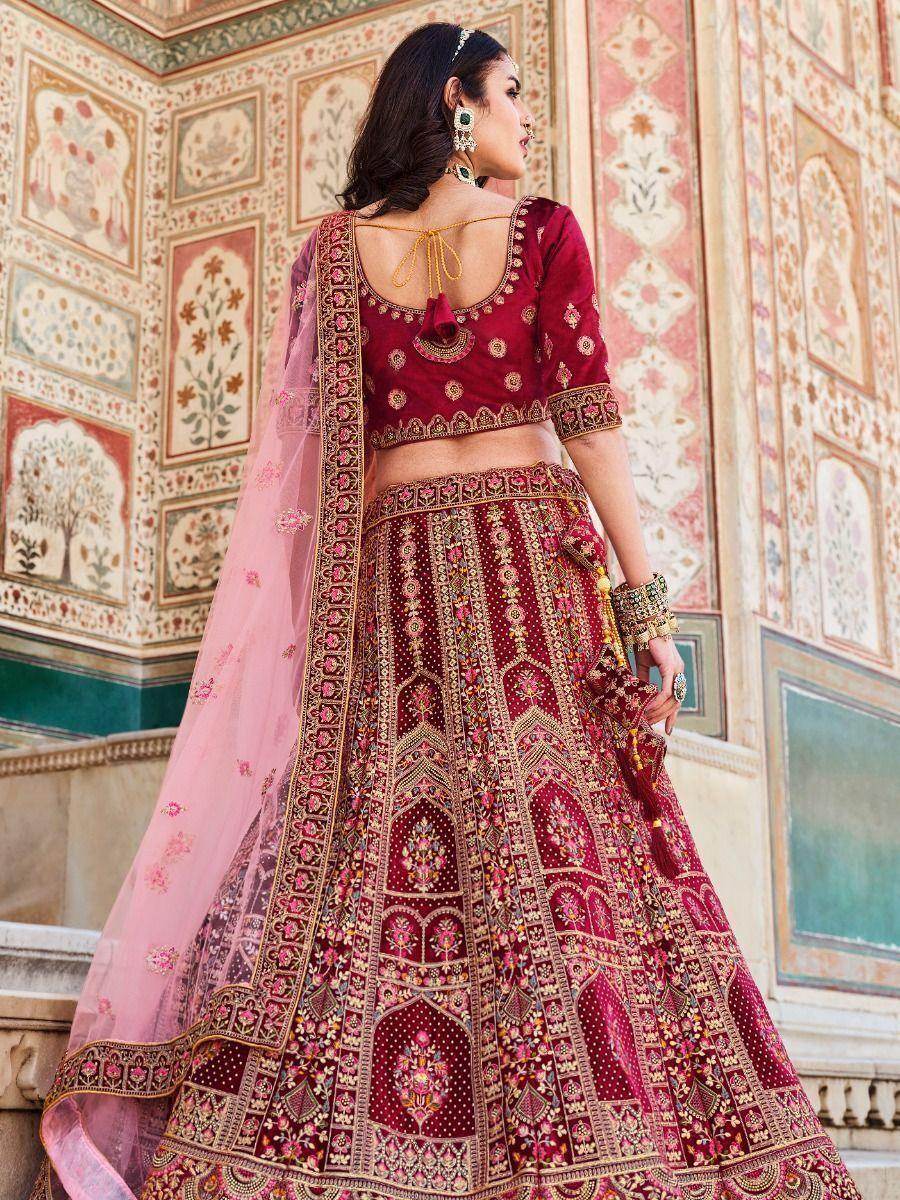 Glamorous Maroon Embroidered Work Velvet Bridal Wear Lehenga Choli - Zeel Clothing