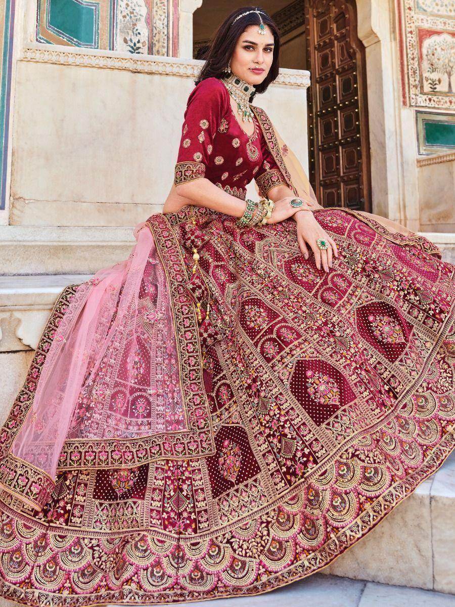 Glamorous Maroon Embroidered Work Velvet Bridal Wear Lehenga Choli - Zeel Clothing