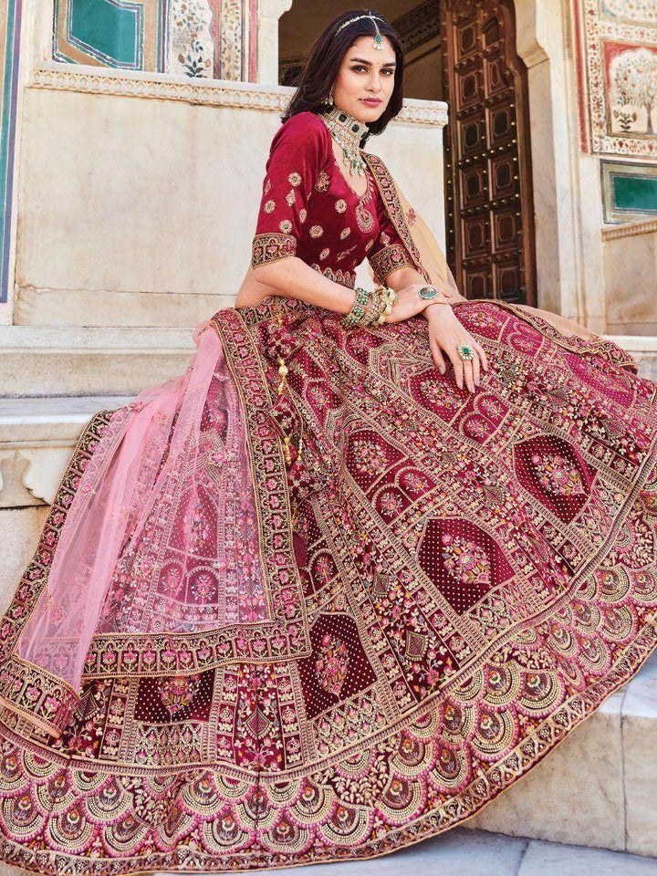 Glamorous Maroon Embroidered Work Velvet Bridal Wear Lehenga Choli - Zeel Clothing