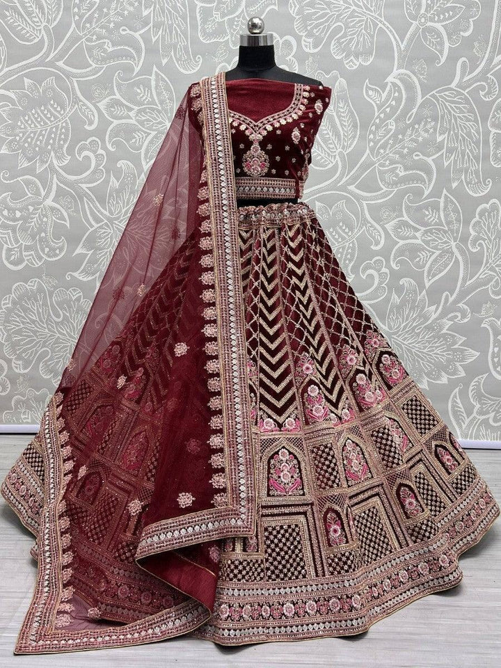 Glamorous Maroon Heavy Embroidered Velvet Bridal Lehenga Choli
