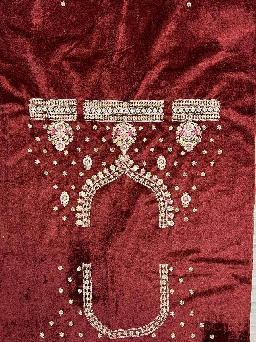 Glamorous Maroon Heavy Embroidered Velvet Bridal Lehenga Choli - Zeel Clothing