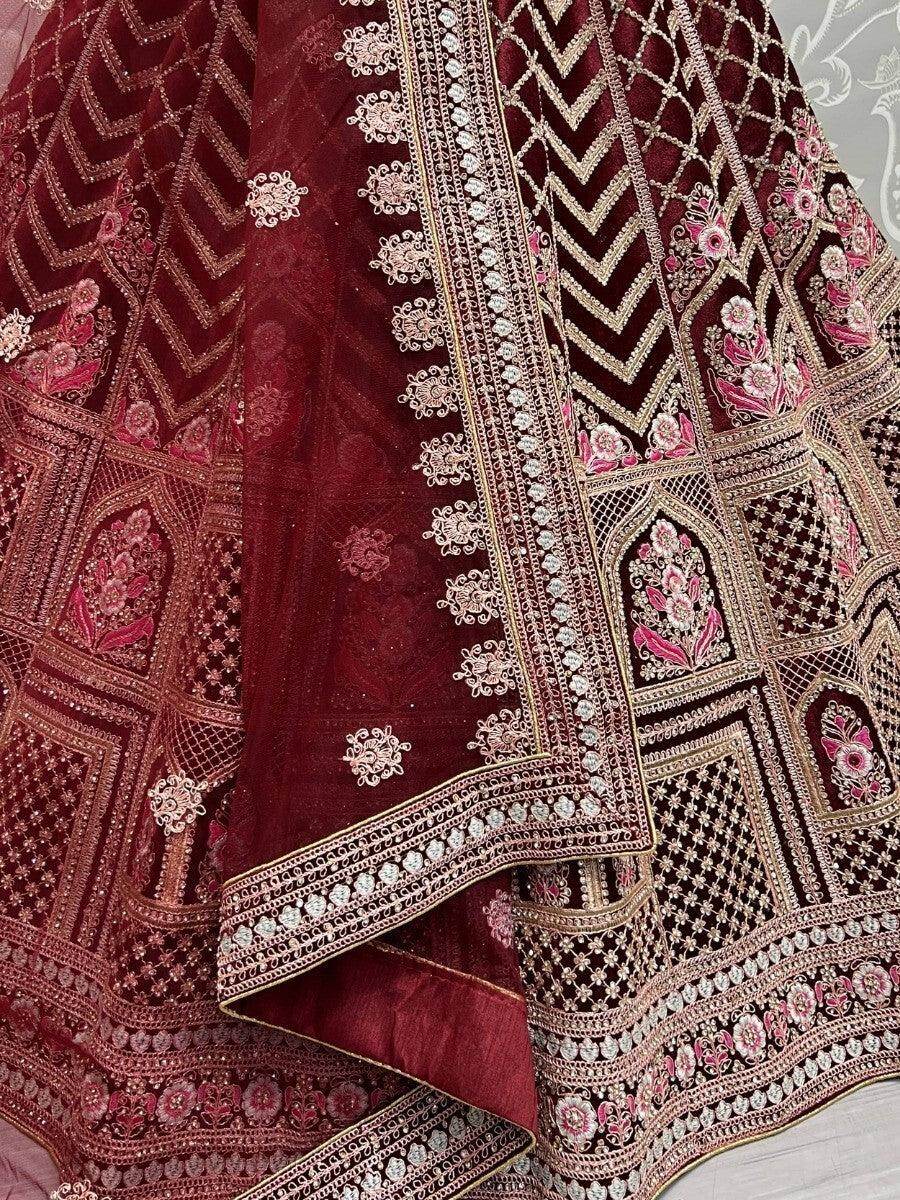 Glamorous Maroon Heavy Embroidered Velvet Bridal Lehenga Choli - Zeel Clothing