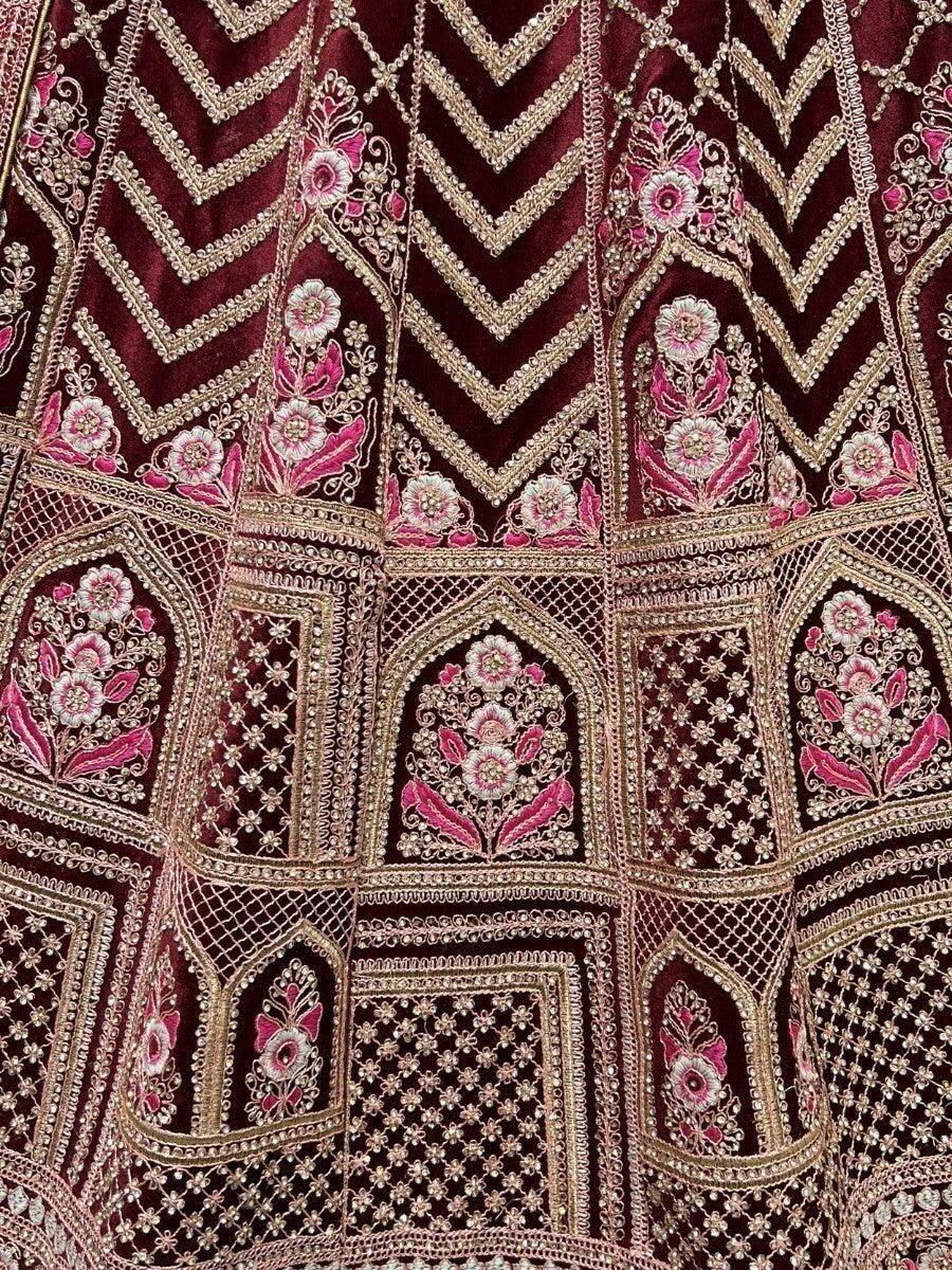 Glamorous Maroon Heavy Embroidered Velvet Bridal Lehenga Choli - Zeel Clothing