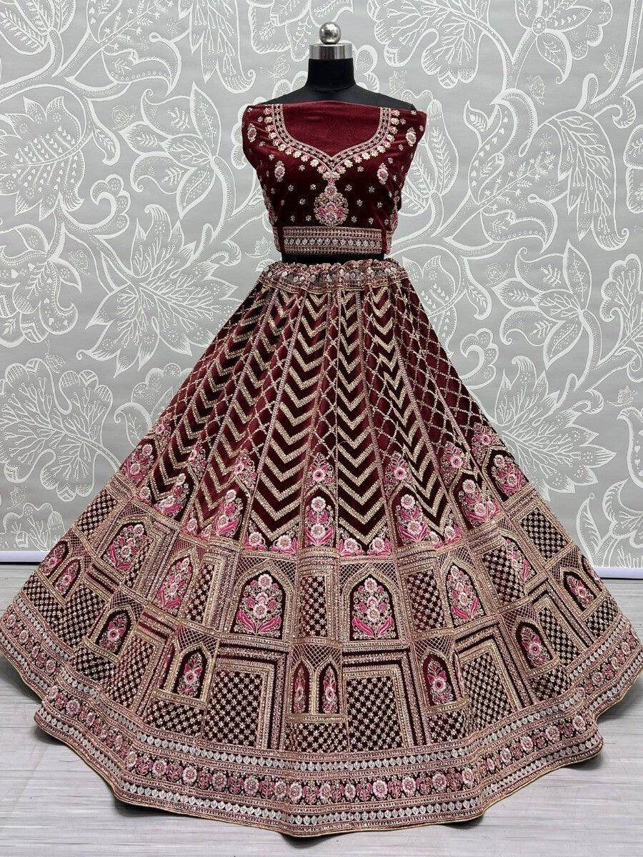 Glamorous Maroon Heavy Embroidered Velvet Bridal Lehenga Choli - Zeel Clothing