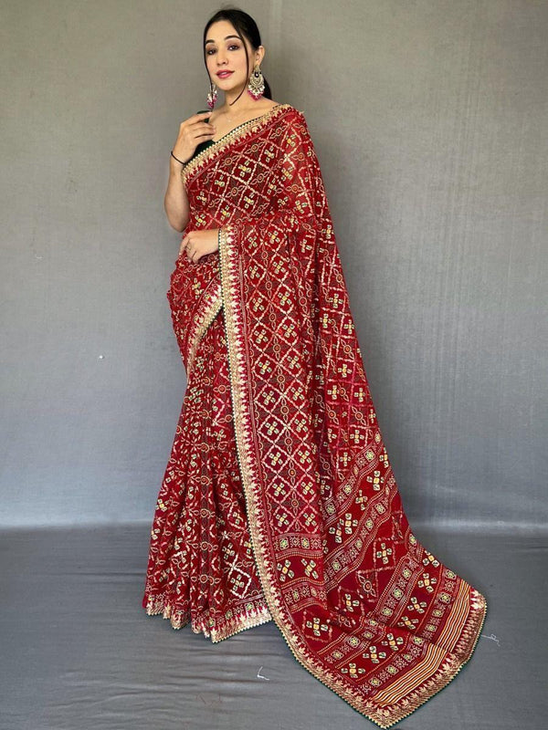 Glamorous Maroon Printed Georgette Festival Wear Saree With Blouse