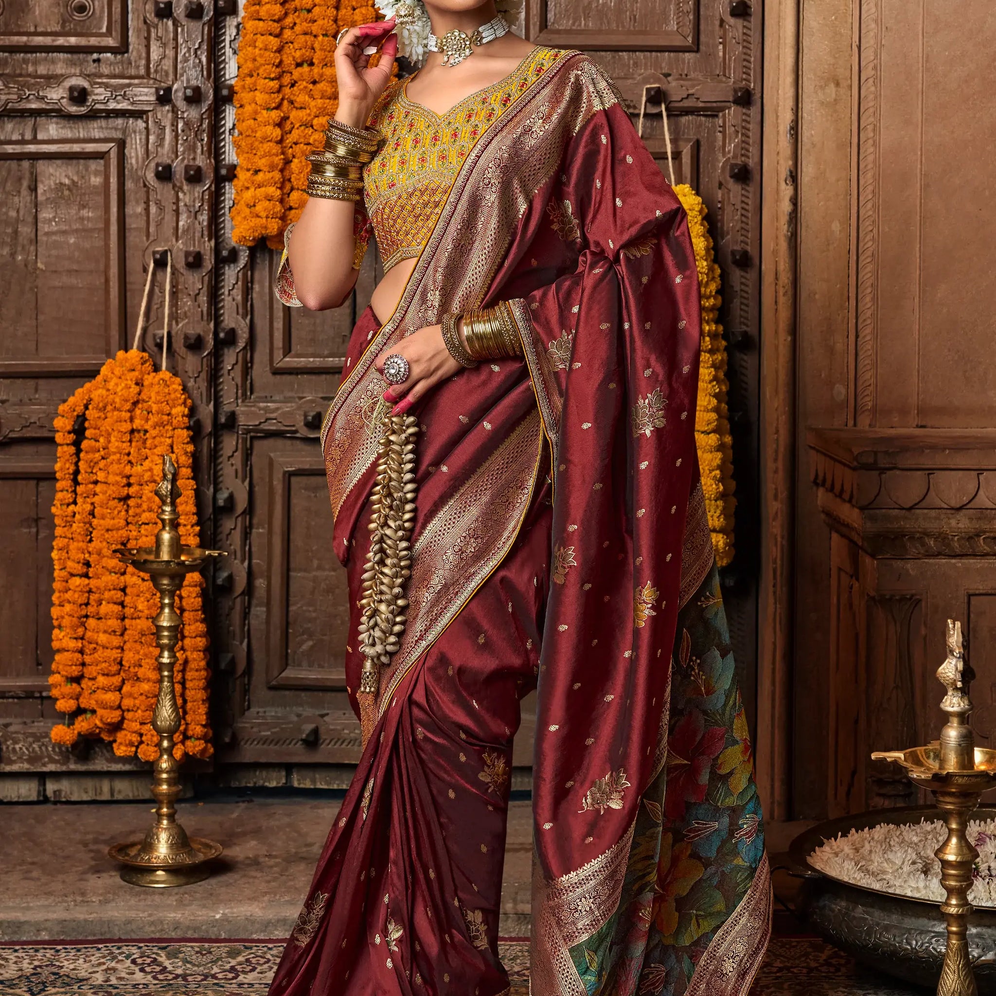Glamorous Maroon Zari Weaving Silk Bridal Saree With Blouse - Zeel Clothing