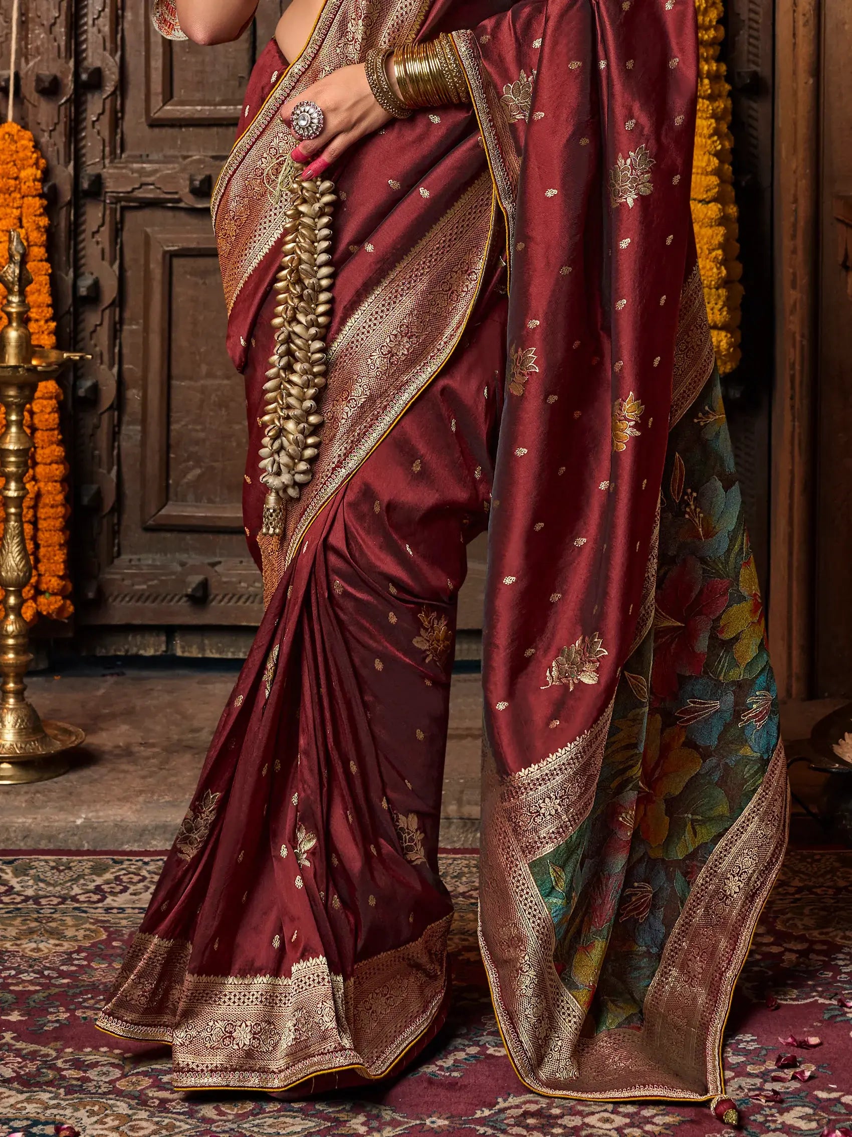 Glamorous Maroon Zari Weaving Silk Bridal Saree With Blouse - Zeel Clothing