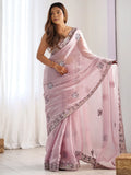 Glamorous Mauve Embroidered Organza Event Wear Saree With Blouse - Zeel Clothing