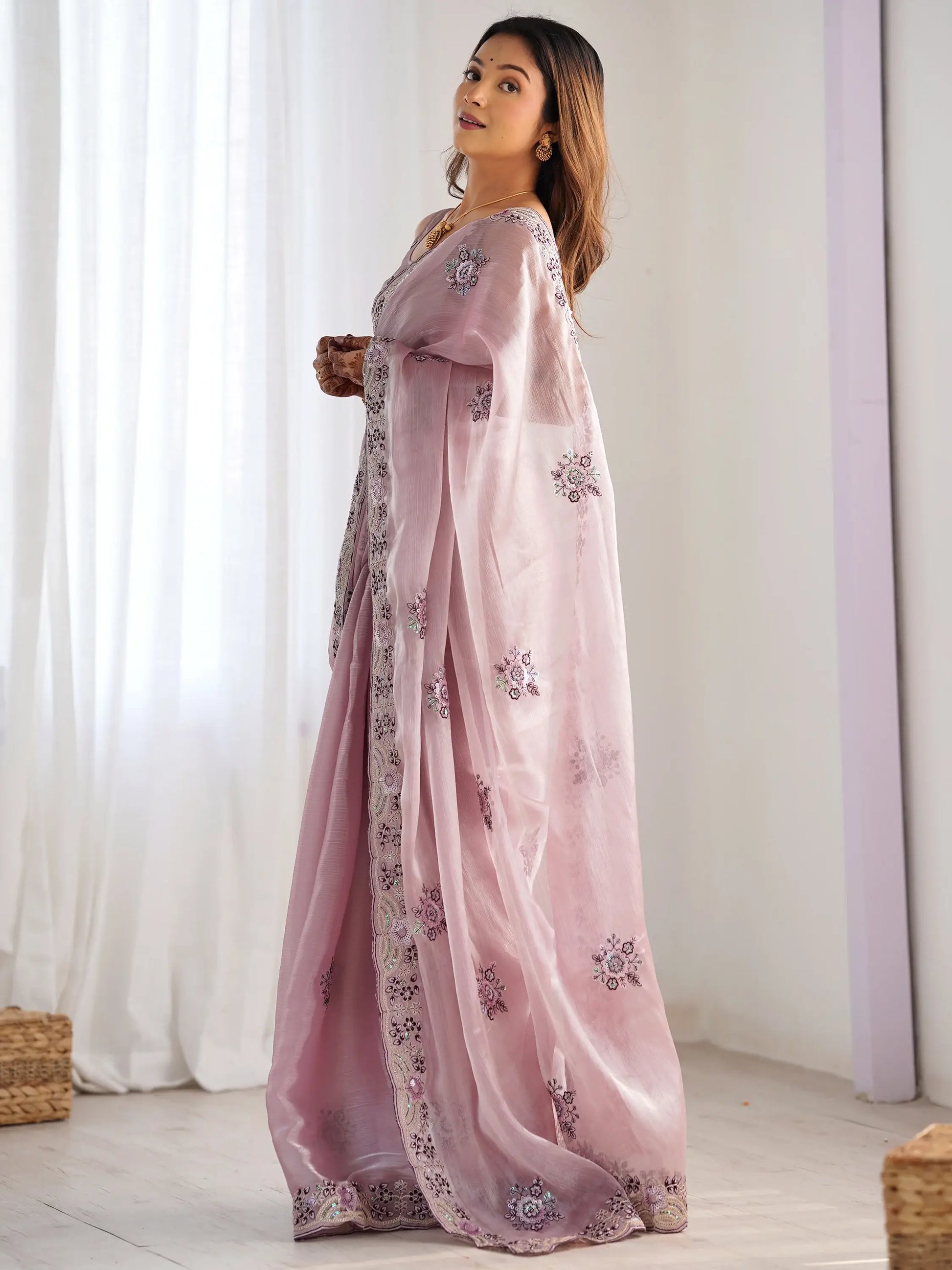 Glamorous Mauve Embroidered Organza Event Wear Saree With Blouse - Zeel Clothing