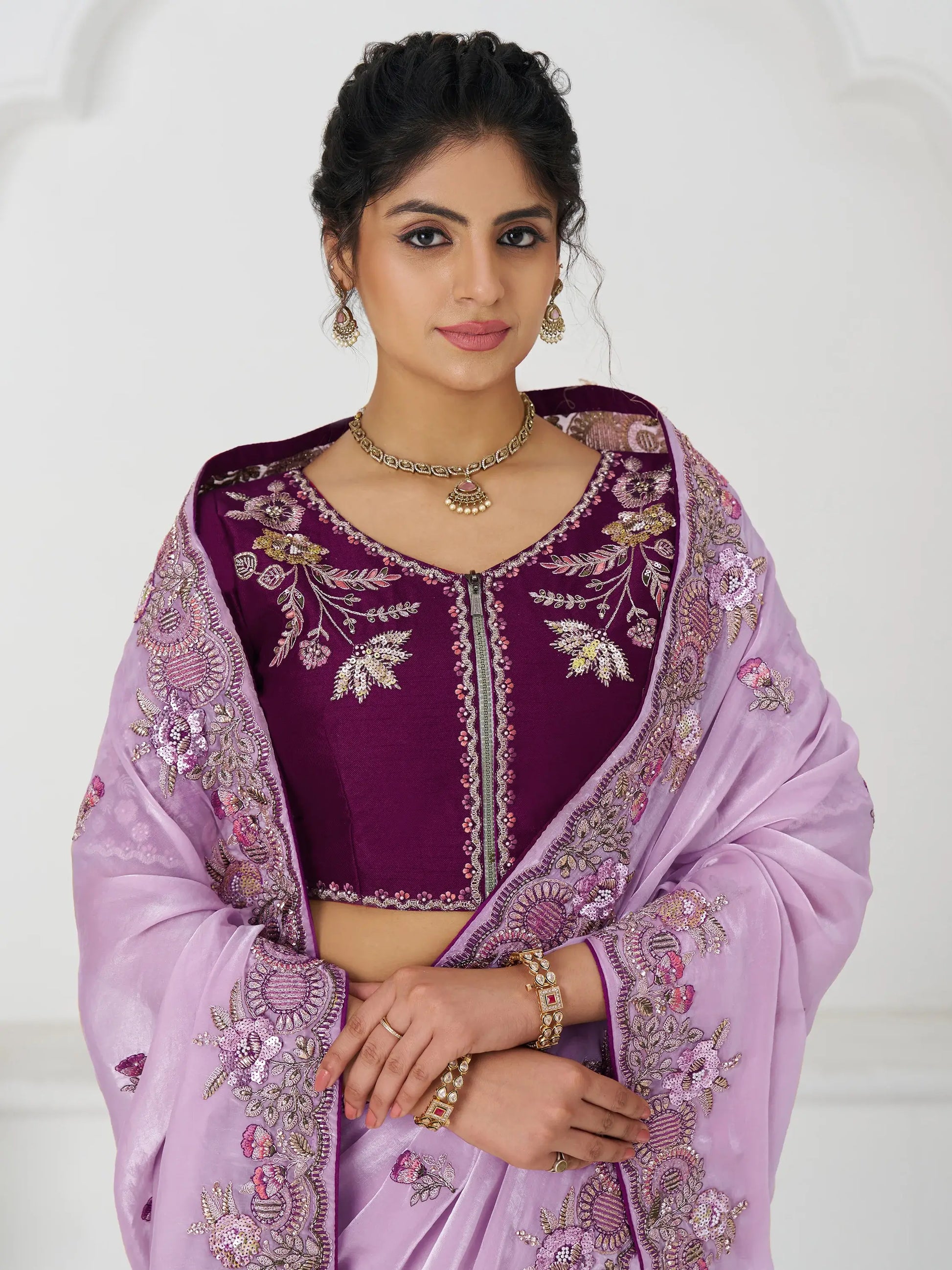 Glamorous Mauve Thread Work Silk Wedding Wear Saree With Blouse - Zeel Clothing