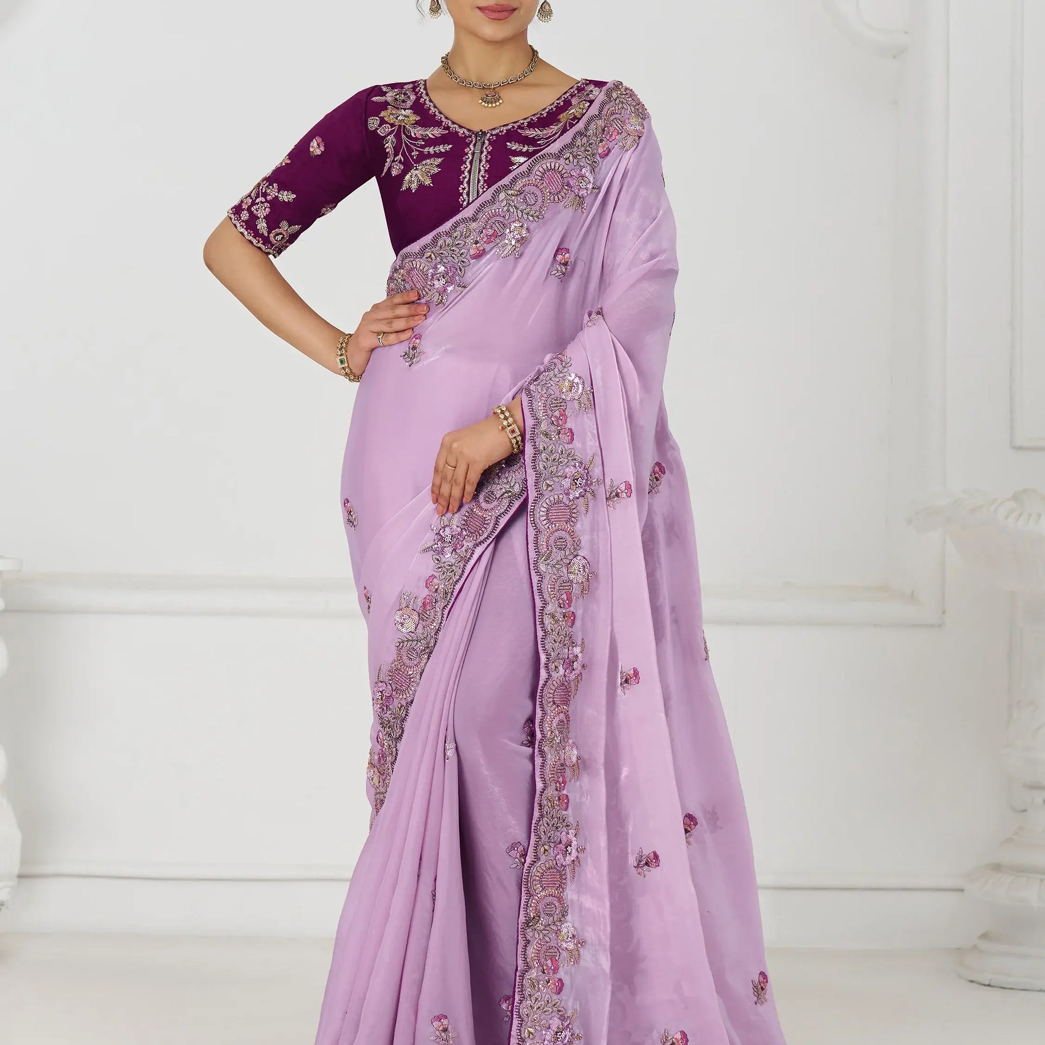 Glamorous Mauve Thread Work Silk Wedding Wear Saree With Blouse - Zeel Clothing