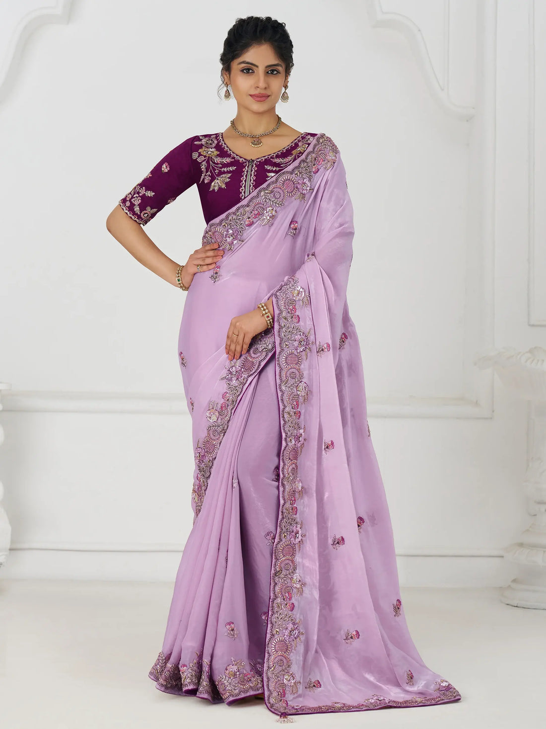 Glamorous Mauve Thread Work Silk Wedding Wear Saree With Blouse - Zeel Clothing