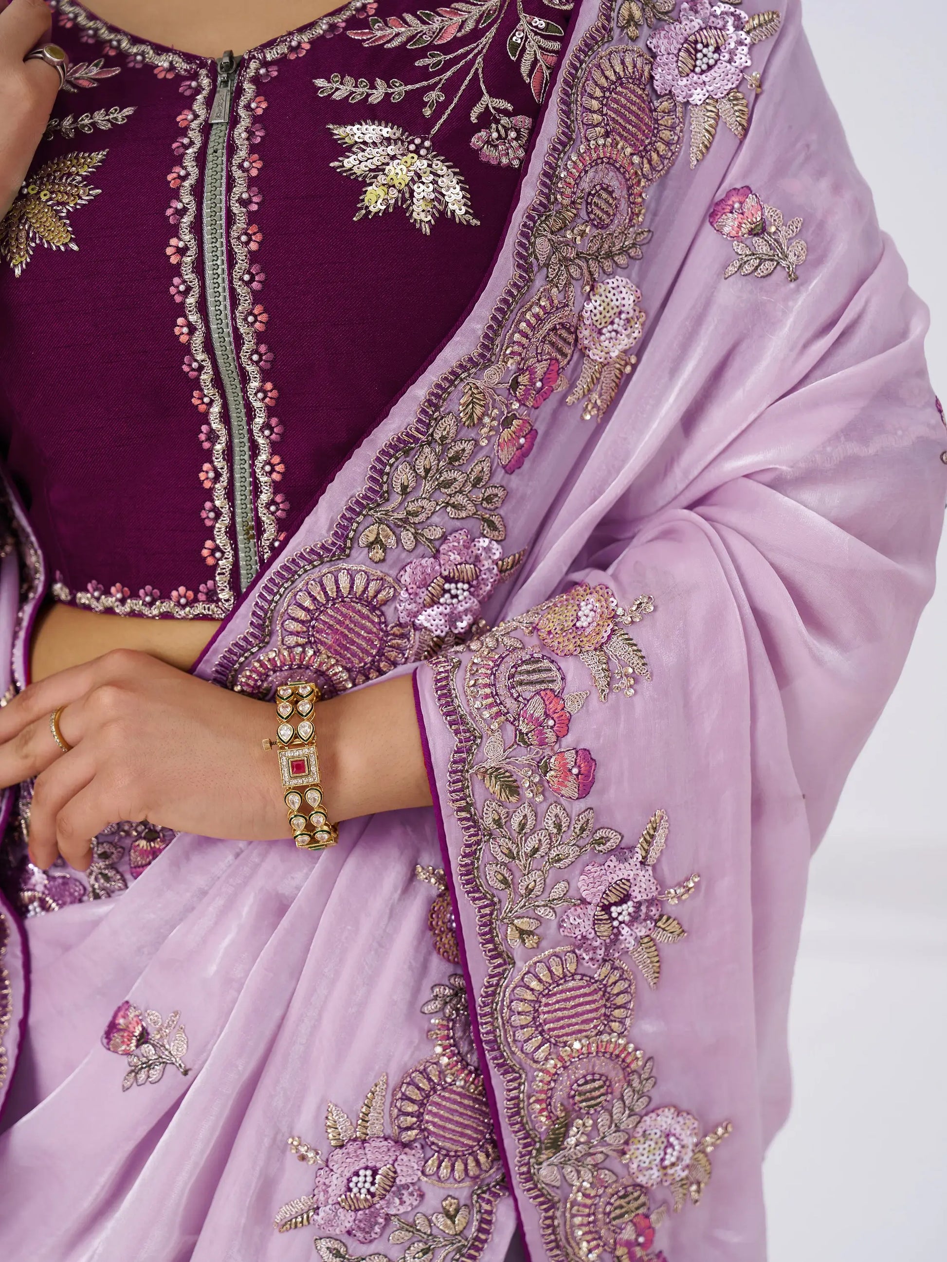 Glamorous Mauve Thread Work Silk Wedding Wear Saree With Blouse - Zeel Clothing