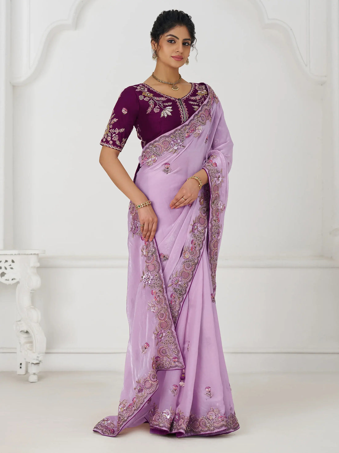 Glamorous Mauve Thread Work Silk Wedding Wear Saree With Blouse - Zeel Clothing