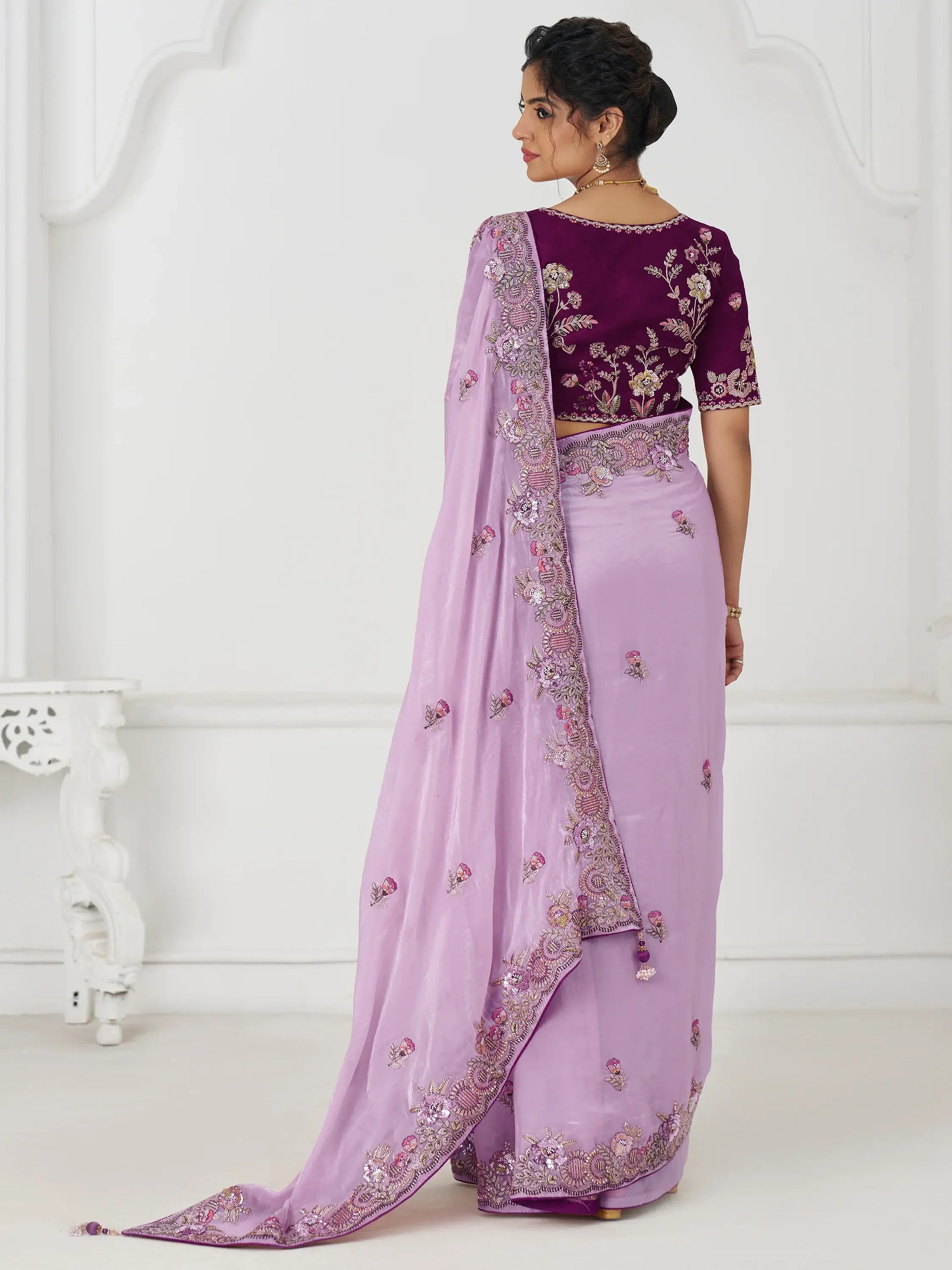 Glamorous Mauve Thread Work Silk Wedding Wear Saree With Blouse - Zeel Clothing