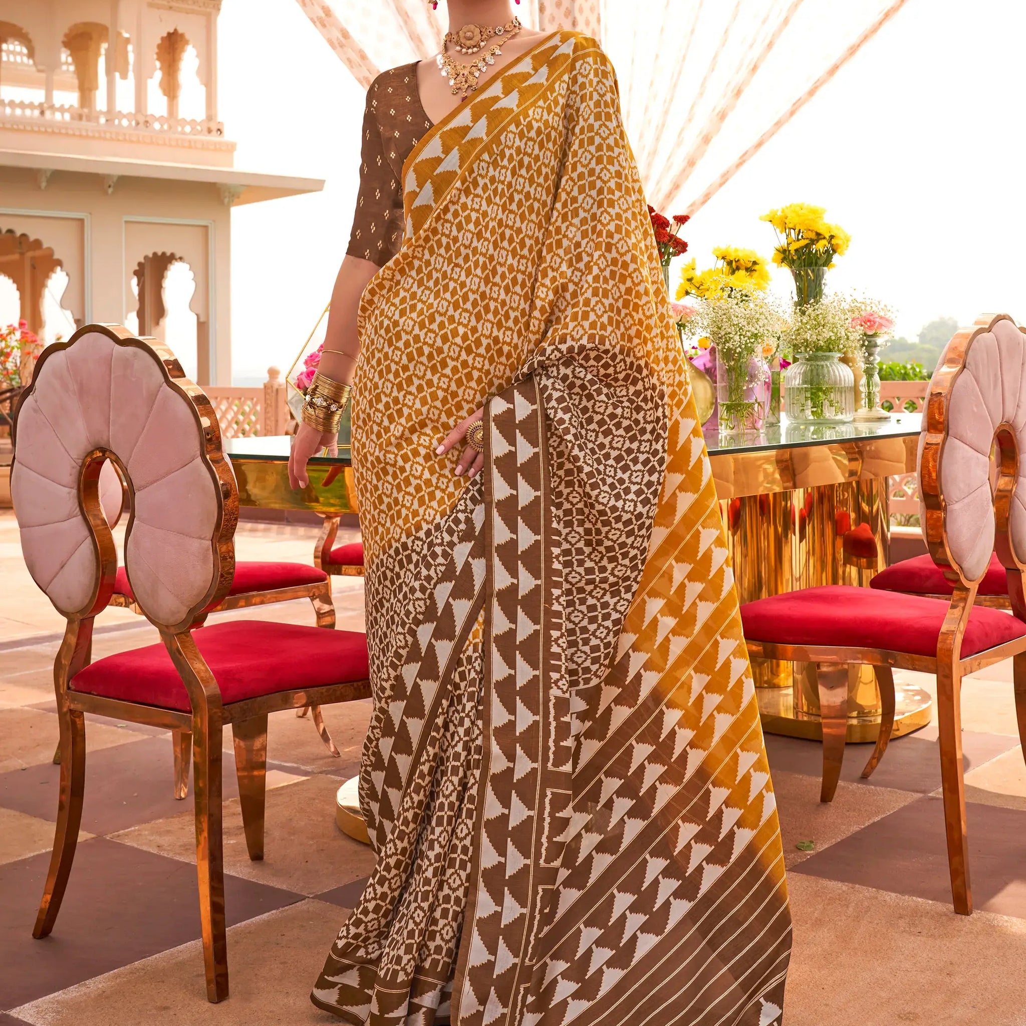 Glamorous Mustard Yellow Digital Printed Silk Haldi Wear Saree - Zeel Clothing