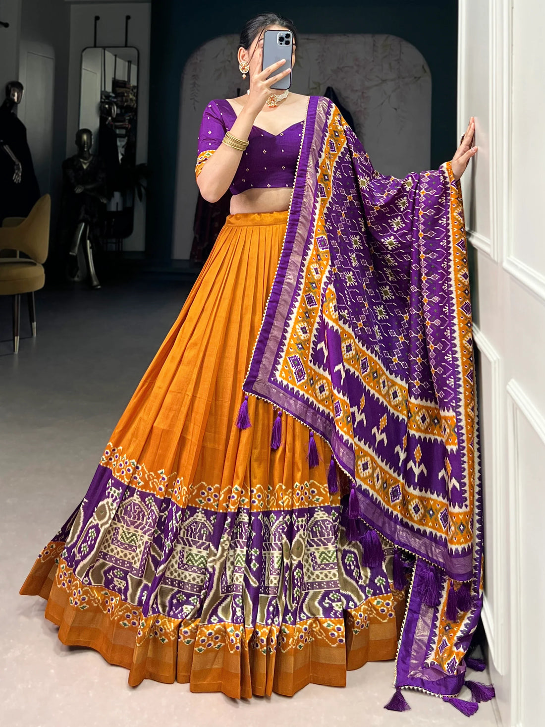 Glamorous Mustard Yellow Patola Printed Tussar Silk Lehenga Choli - Zeel Clothing