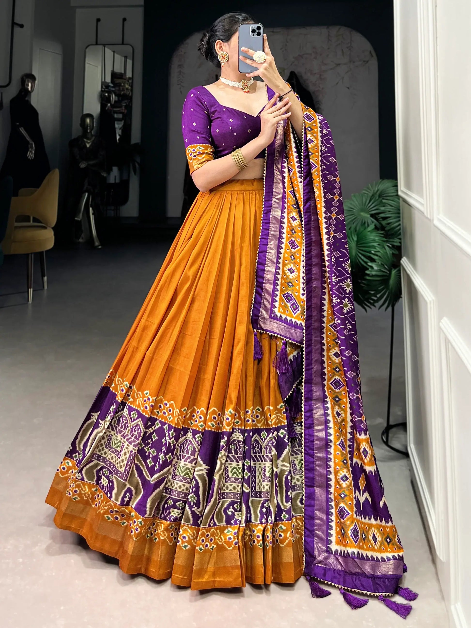 Glamorous Mustard Yellow Patola Printed Tussar Silk Lehenga Choli - Zeel Clothing