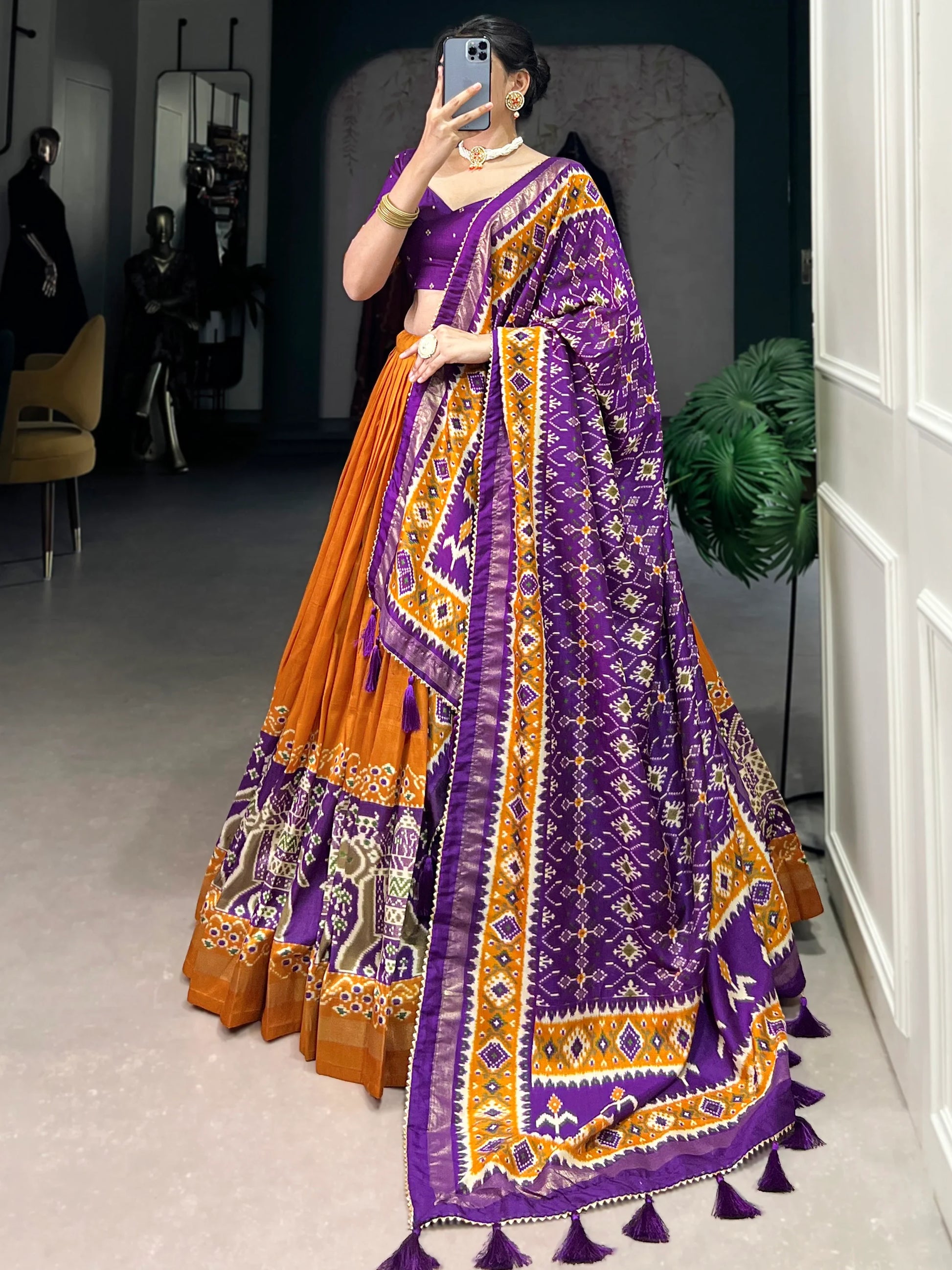 Glamorous Mustard Yellow Patola Printed Tussar Silk Lehenga Choli - Zeel Clothing