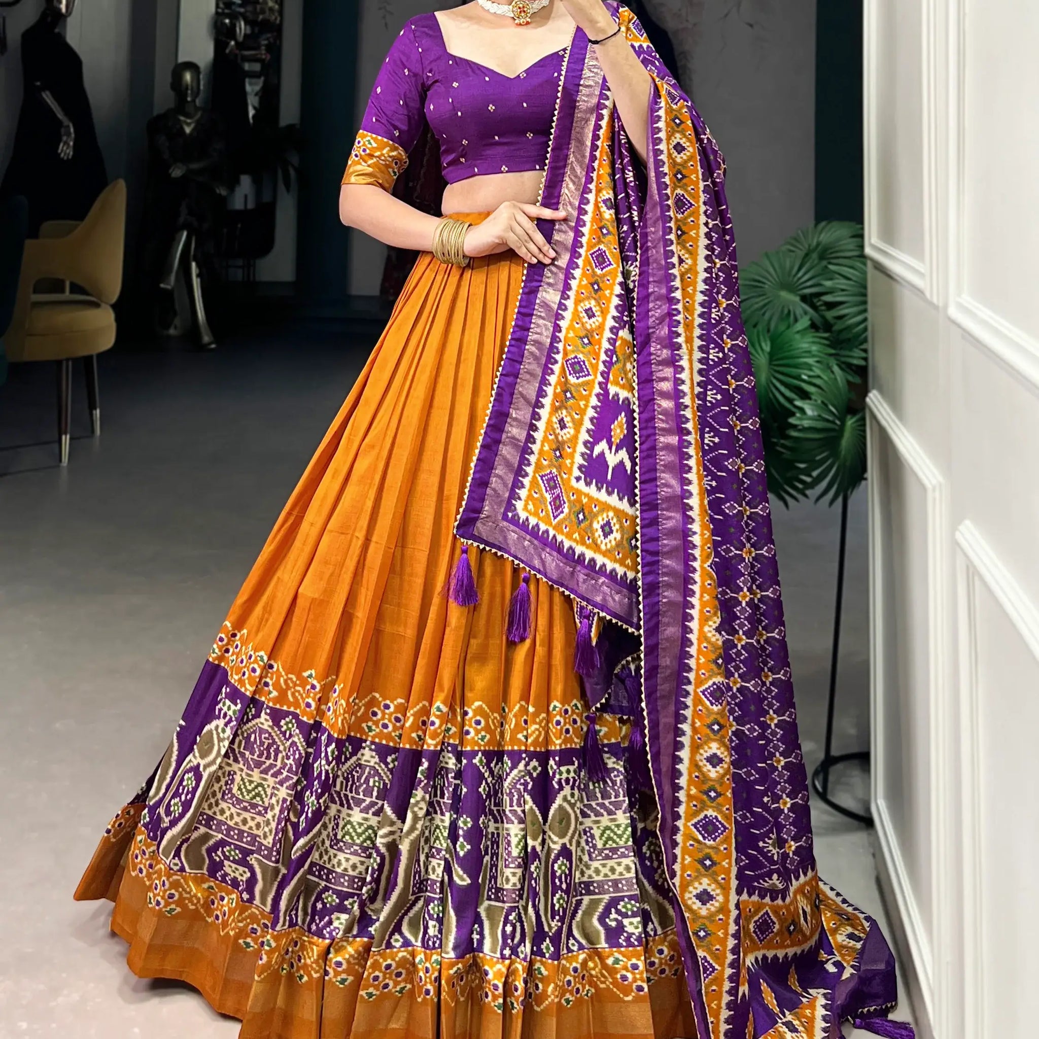 Glamorous Mustard Yellow Patola Printed Tussar Silk Lehenga Choli - Zeel Clothing
