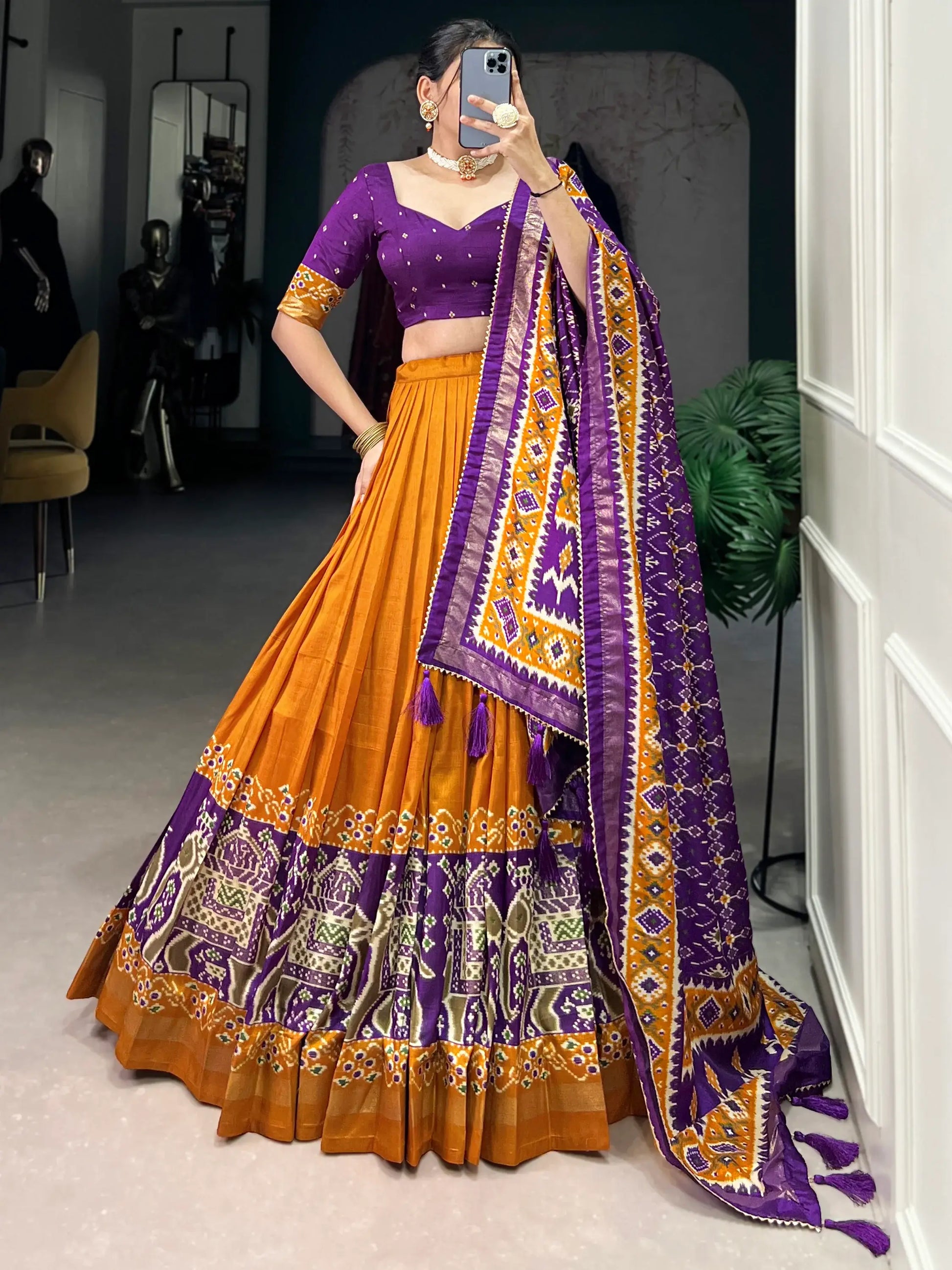 Glamorous Mustard Yellow Patola Printed Tussar Silk Lehenga Choli - Zeel Clothing