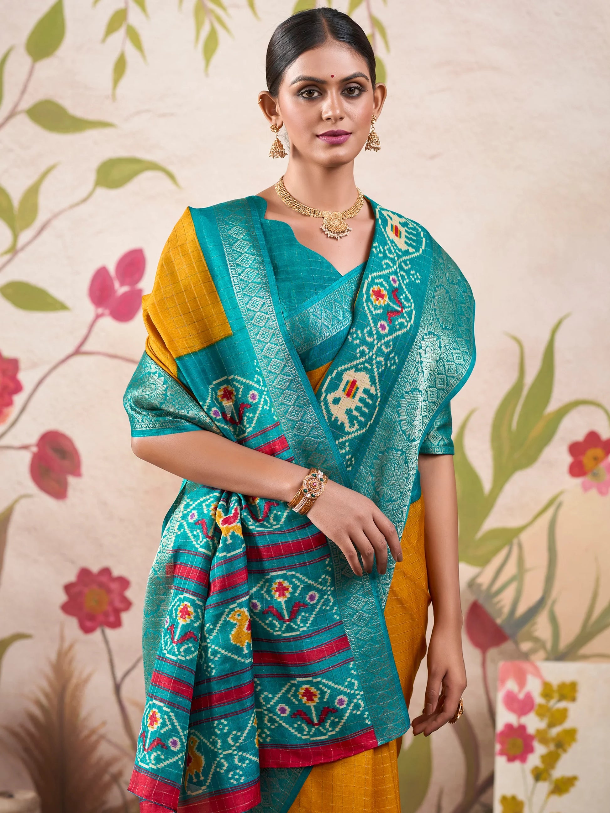 Glamorous Mustard Yellow Patola Printed Tussar Silk Saree With Blouse - Zeel Clothing