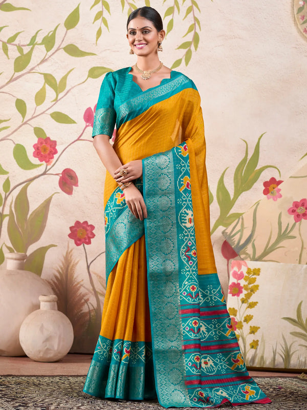 Glamorous Mustard Yellow Patola Printed Tussar Silk Saree With Blouse - Zeel Clothing