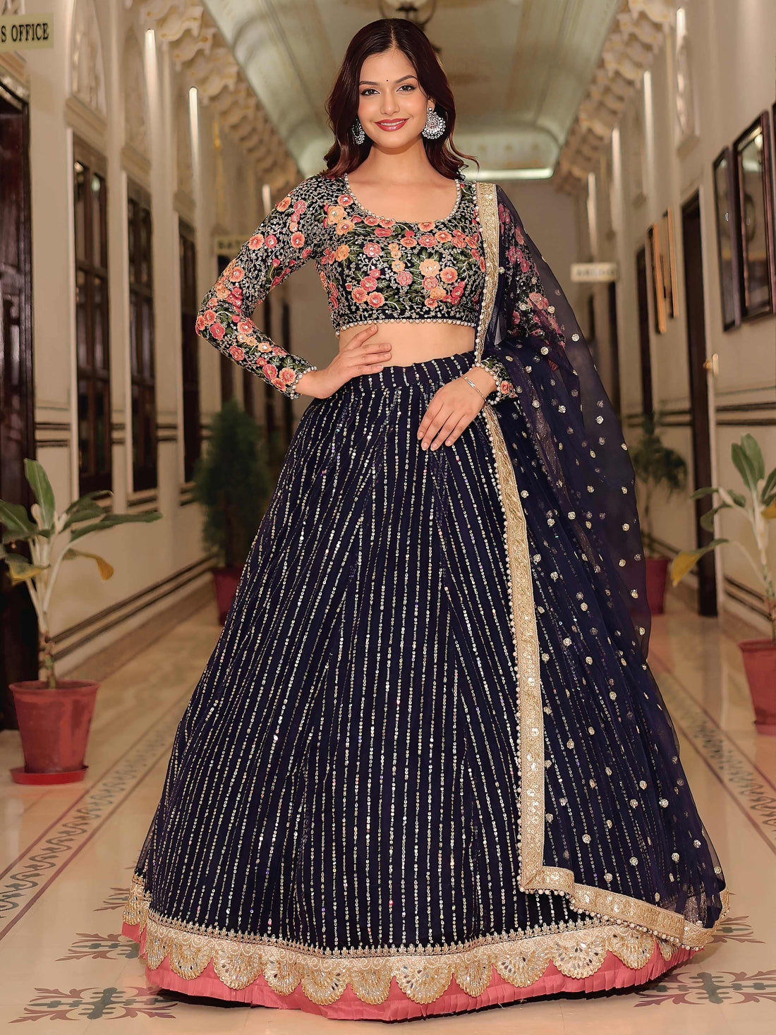 Glamorous Navy Blue Floral Embroidery Net Engagement Wear Lehenga With Blouse