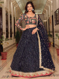 Glamorous Navy Blue Floral Embroidery Net Engagement Wear Lehenga With Blouse
