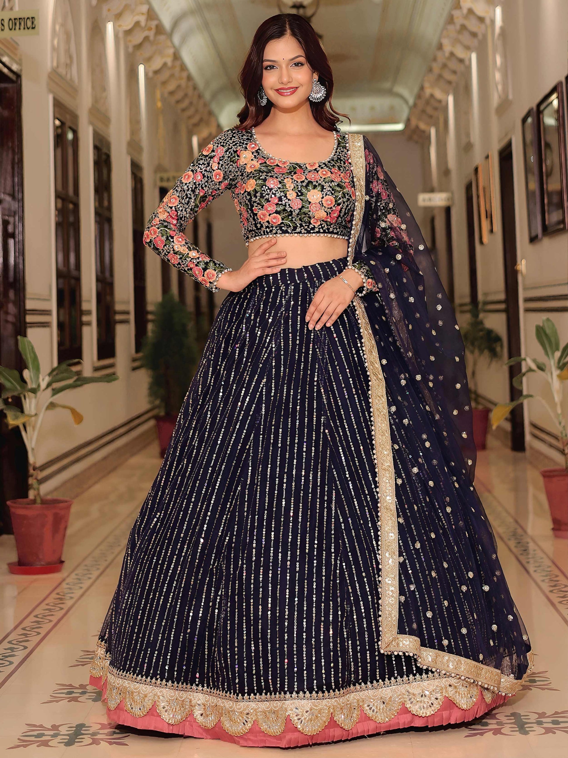 Glamorous Navy Blue Floral Embroidery Net Engagement Wear Lehenga With Blouse