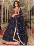 Glamorous Navy Blue Floral Embroidery Net Engagement Wear Lehenga With Blouse