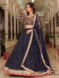 Glamorous Navy Blue Floral Embroidery Net Engagement Wear Lehenga With Blouse