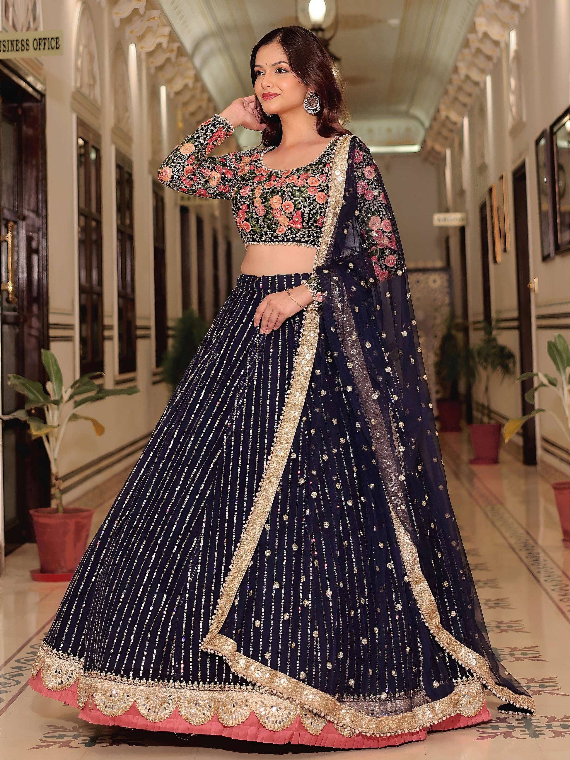 Glamorous Navy Blue Floral Embroidery Net Engagement Wear Lehenga With Blouse