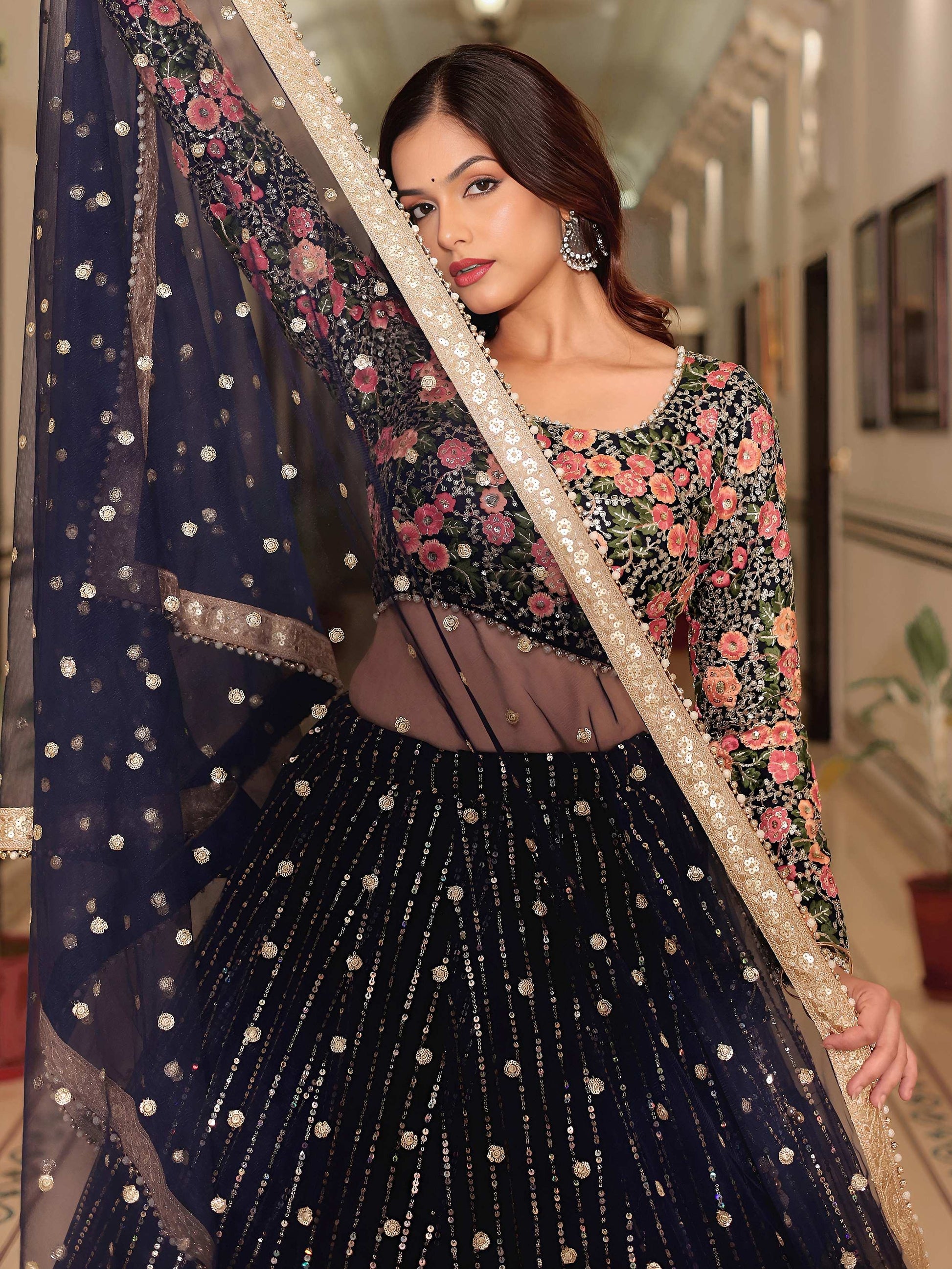 Glamorous Navy Blue Floral Embroidery Net Engagement Wear Lehenga With Blouse