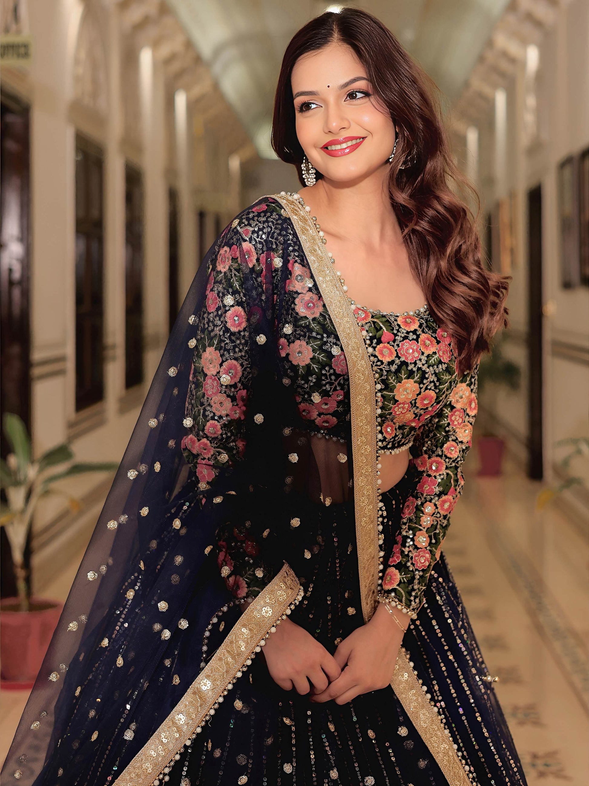 Glamorous Navy Blue Floral Embroidery Net Engagement Wear Lehenga With Blouse