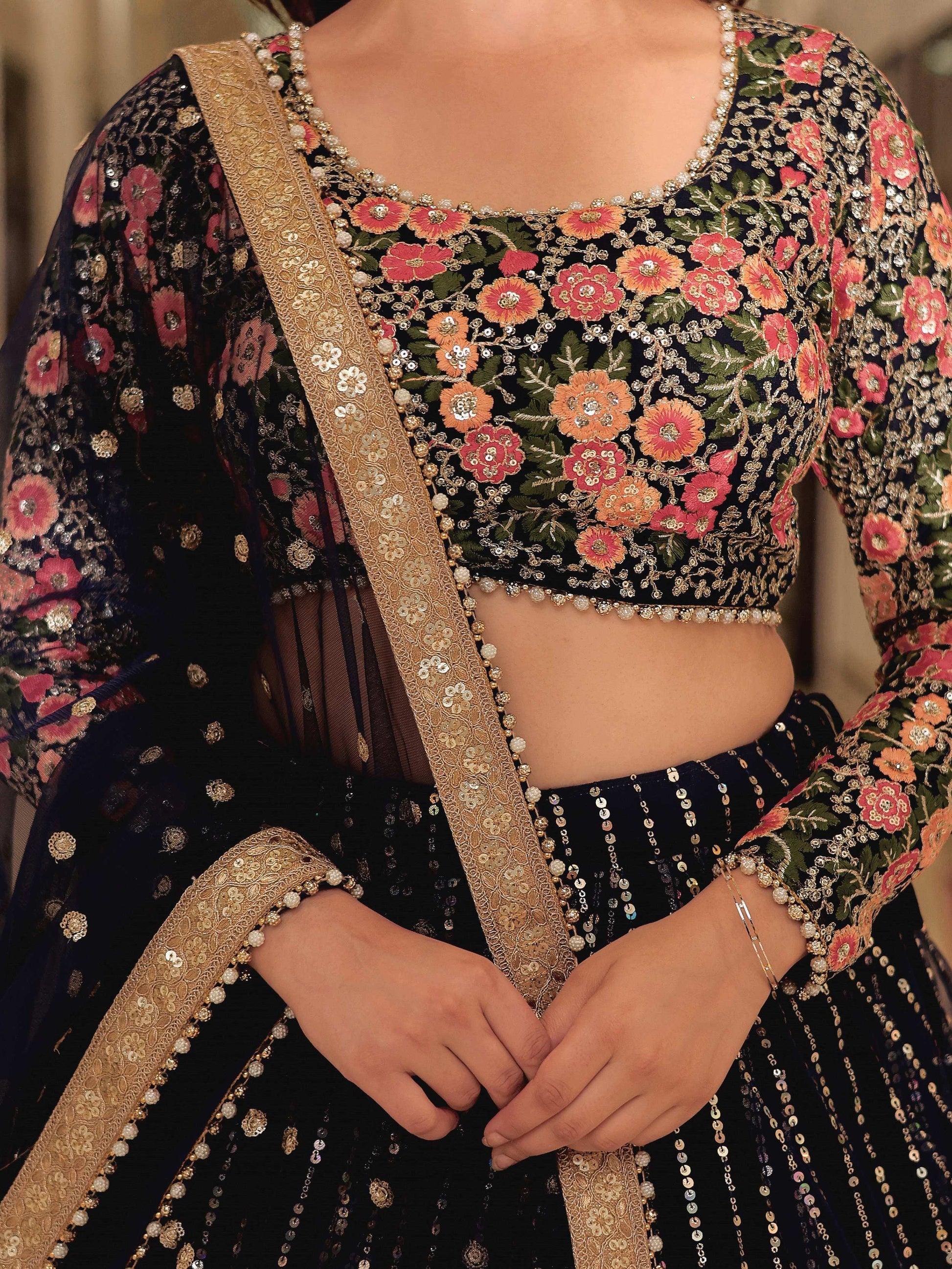 Glamorous Navy Blue Floral Embroidery Net Engagement Wear Lehenga With Blouse